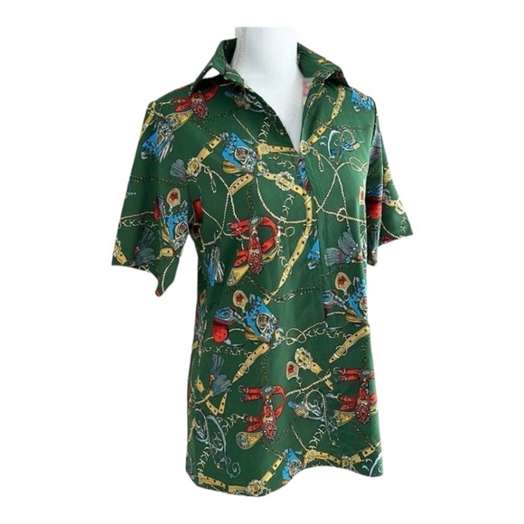 Nina Roco by Angela Rodriguez Green Tassel Print Collared V Neck Top Size Large? - Picture 4 of 5